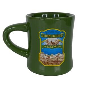 JOHN DEERE Tractor Plow Coffee Mug Green Ceramic 12oz Farm Equipment Collectible